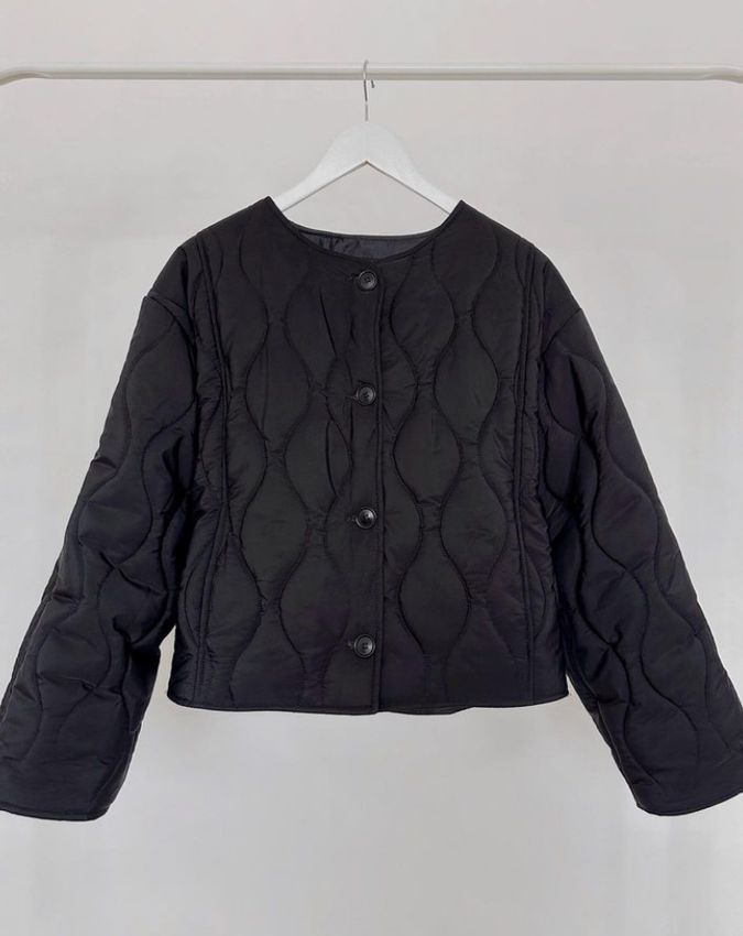 Куртка стеганная без ворота черного цвета, Черный, one size