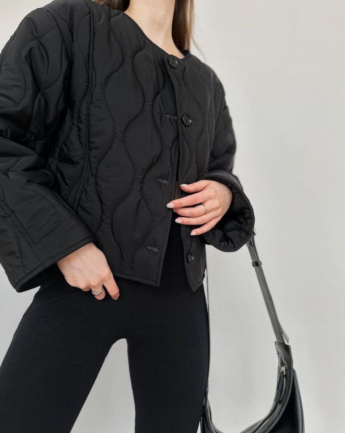 Куртка стьобана без ворота чорного кольору, Черный, one size