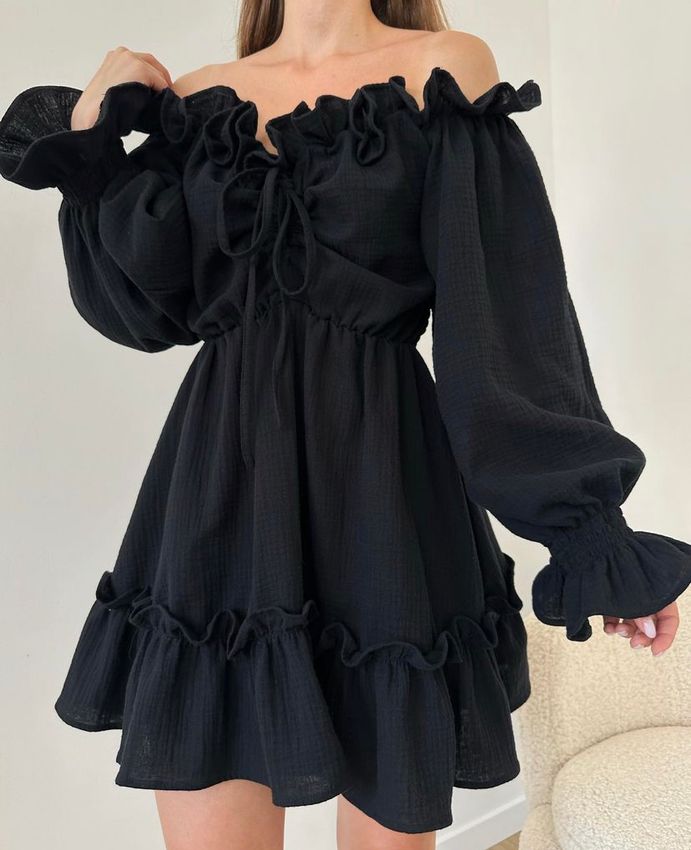 Сукня коротка з мусліна чорна, Черный, Оберіть розмір