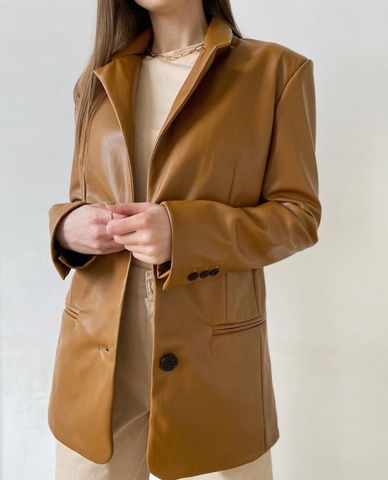 Пиджак из экокожи горчичный, Светло-коричневий, S 