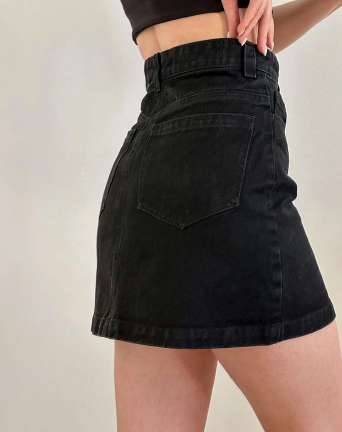 Спідниця міні з вирізом джинс чорна, Черный, Оберіть розмір