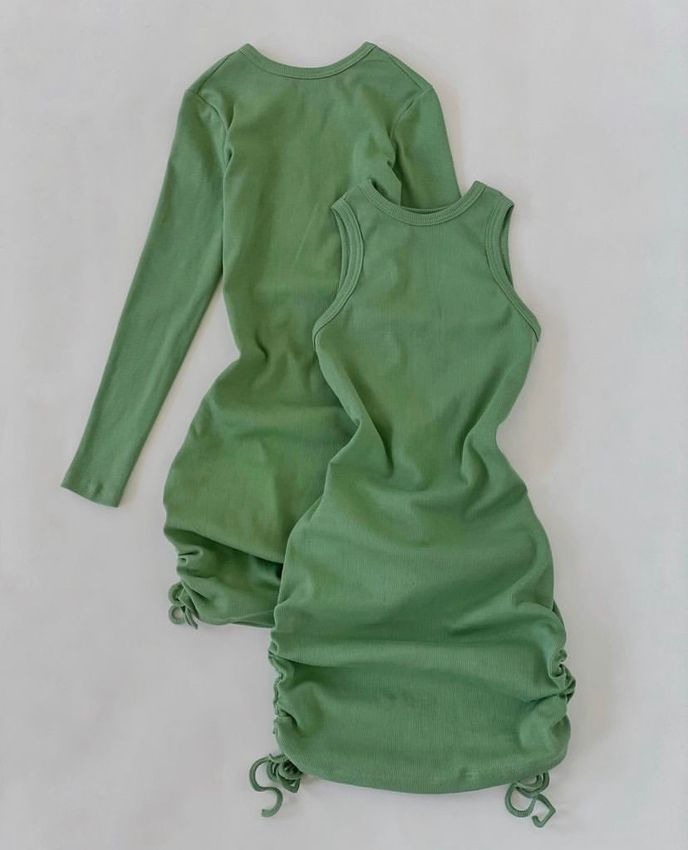 Платье в рубчик олива с рукавом, Зелёный, XS 