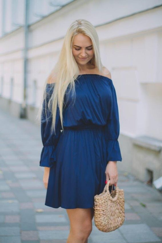 Сукня з відкритими плечима синя, Синій, one size 